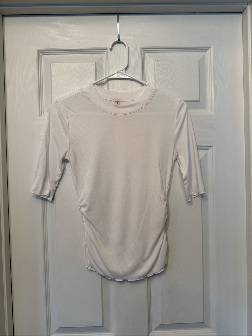 Free People White Short Sleeve Crewneck with Side Ruching